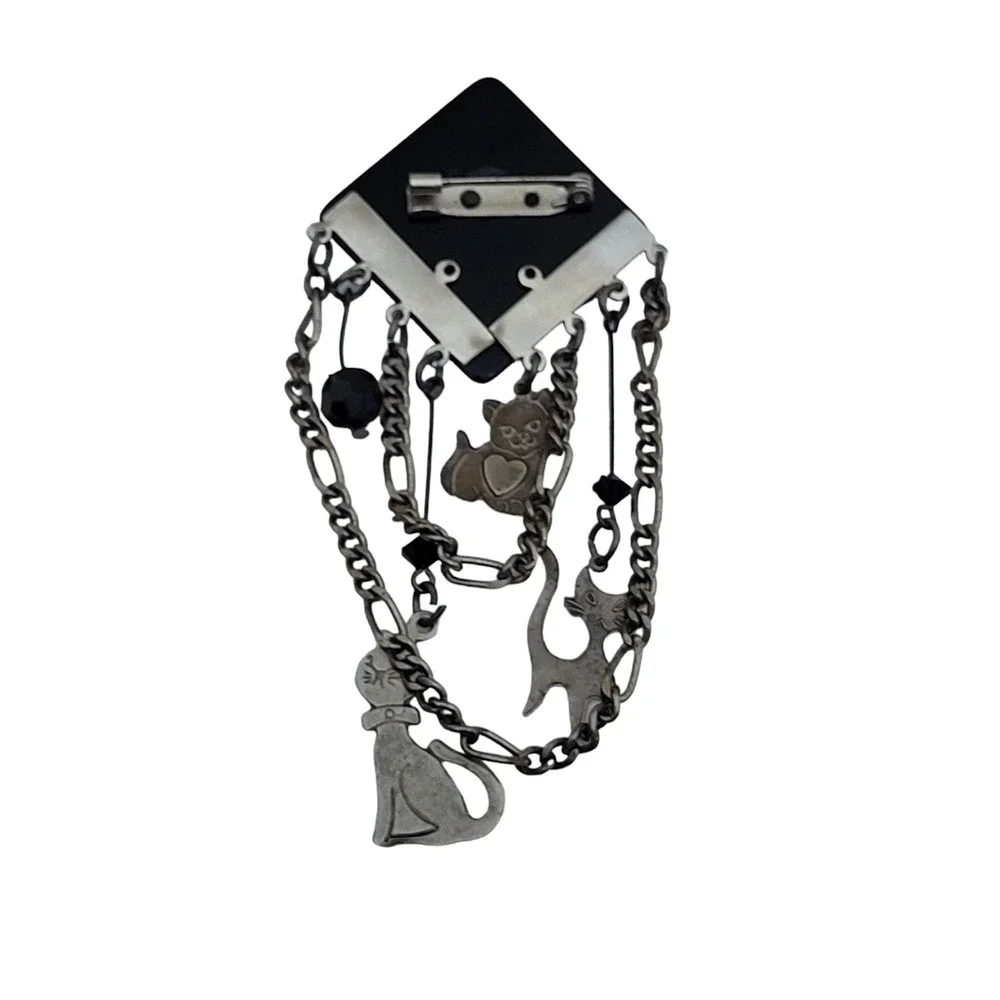 Vintage Art Deco Style Cats Dangle Brooch Pin Rhinestone Cat Eyes‎ Chain Beaded